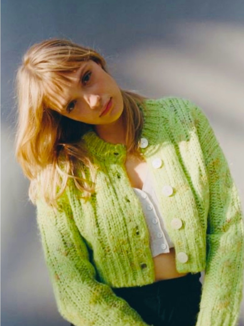 Urban Outfitters Light Green Cropped Chunky Knit Cardigan